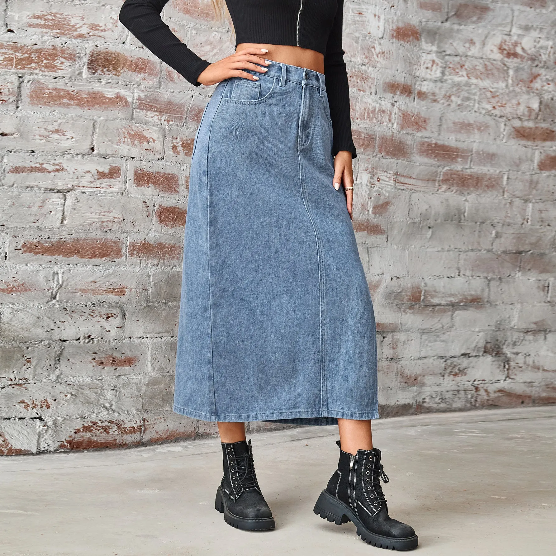 Washed Elastic High Waist Denim A-line Split Maxi Skirt