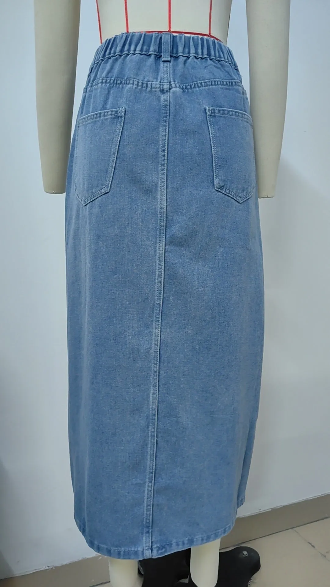 Washed Elastic High Waist Denim A-line Split Maxi Skirt