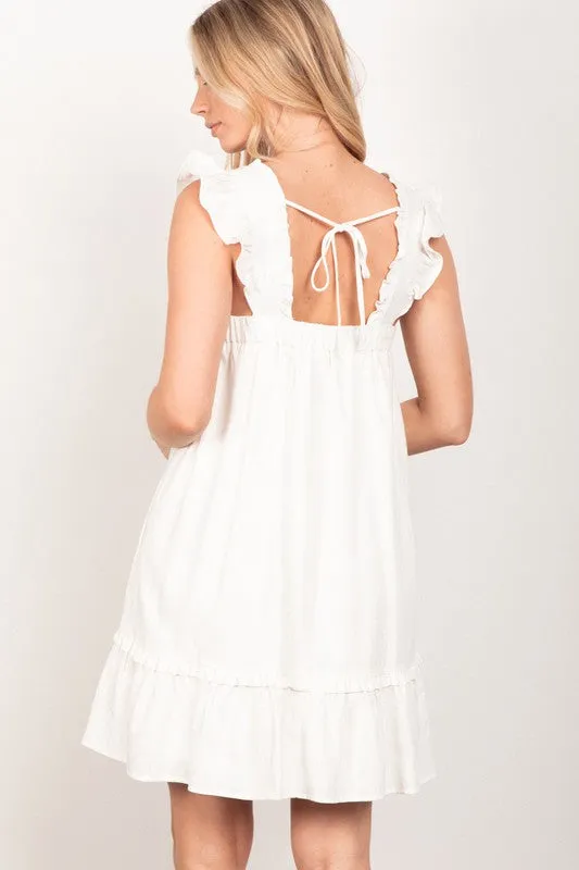 White Ruffled Solid Linen Backless Mini Dress