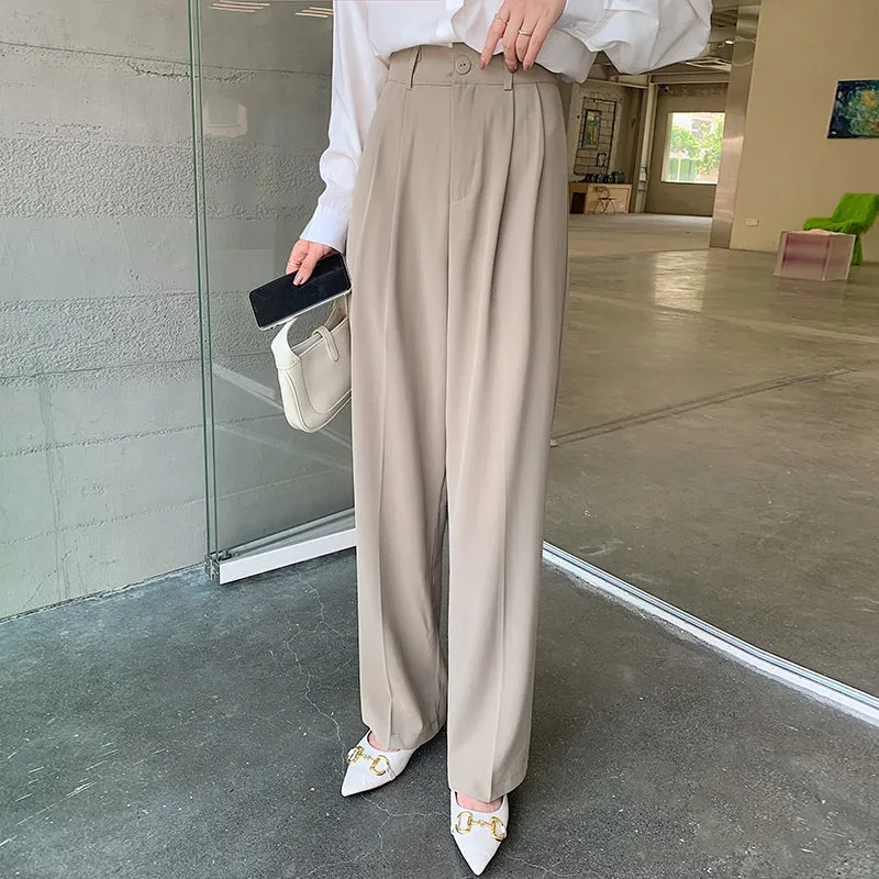 Wjczt Casual Loose High Waist Wide Leg Pants Women Autumn Solid Slim Straight Suit Pant Female Button Floor-Length Trousers