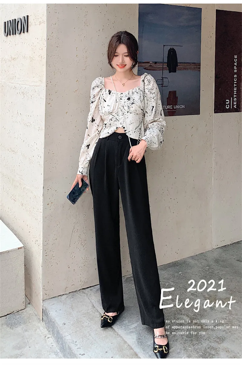 Wjczt Casual Loose High Waist Wide Leg Pants Women Autumn Solid Slim Straight Suit Pant Female Button Floor-Length Trousers