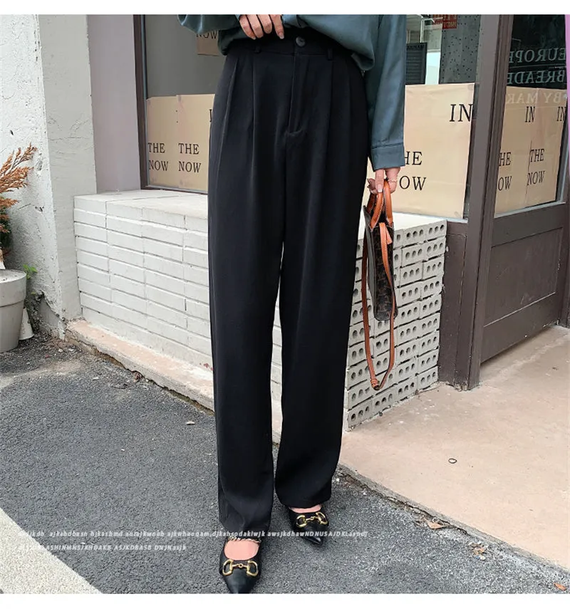 Wjczt Casual Loose High Waist Wide Leg Pants Women Autumn Solid Slim Straight Suit Pant Female Button Floor-Length Trousers