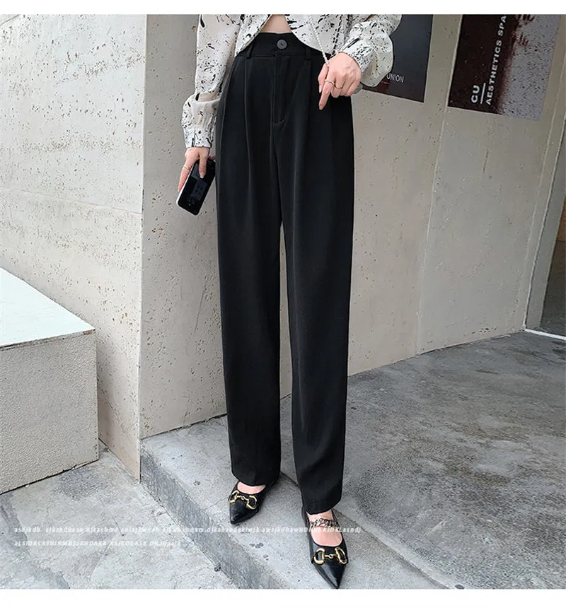 Wjczt Casual Loose High Waist Wide Leg Pants Women Autumn Solid Slim Straight Suit Pant Female Button Floor-Length Trousers