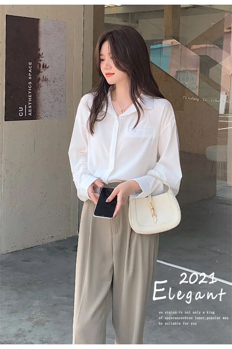 Wjczt Casual Loose High Waist Wide Leg Pants Women Autumn Solid Slim Straight Suit Pant Female Button Floor-Length Trousers