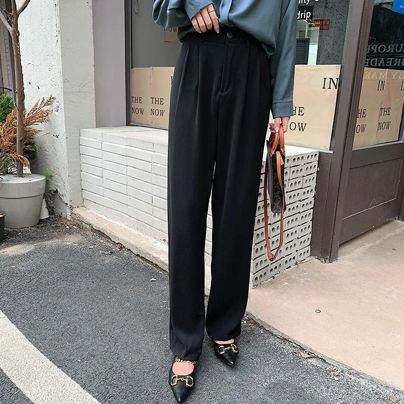 Wjczt Casual Loose High Waist Wide Leg Pants Women Autumn Solid Slim Straight Suit Pant Female Button Floor-Length Trousers