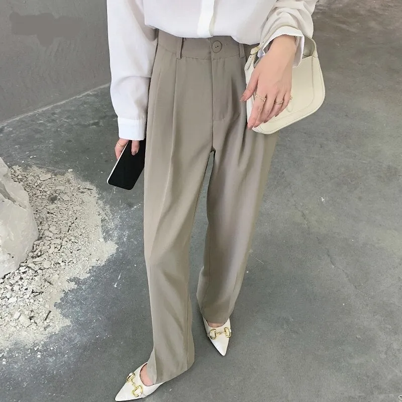 Wjczt Casual Loose High Waist Wide Leg Pants Women Autumn Solid Slim Straight Suit Pant Female Button Floor-Length Trousers