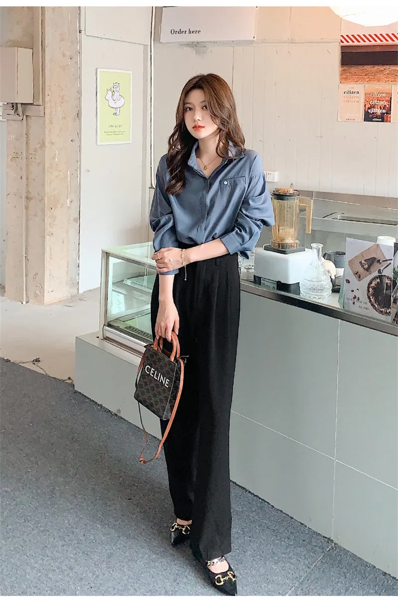 Wjczt Casual Loose High Waist Wide Leg Pants Women Autumn Solid Slim Straight Suit Pant Female Button Floor-Length Trousers