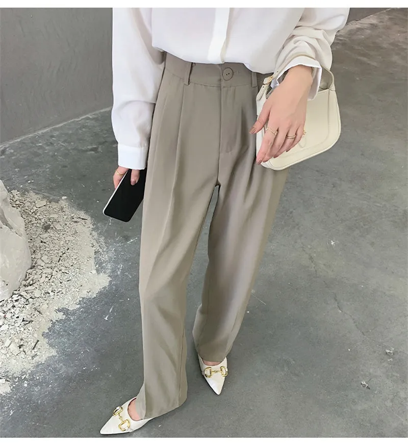 Wjczt Casual Loose High Waist Wide Leg Pants Women Autumn Solid Slim Straight Suit Pant Female Button Floor-Length Trousers