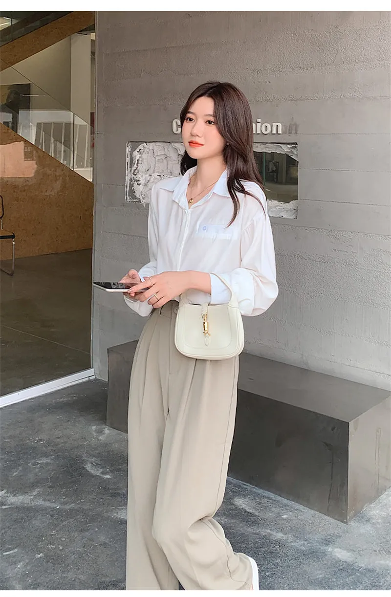 Wjczt Casual Loose High Waist Wide Leg Pants Women Autumn Solid Slim Straight Suit Pant Female Button Floor-Length Trousers