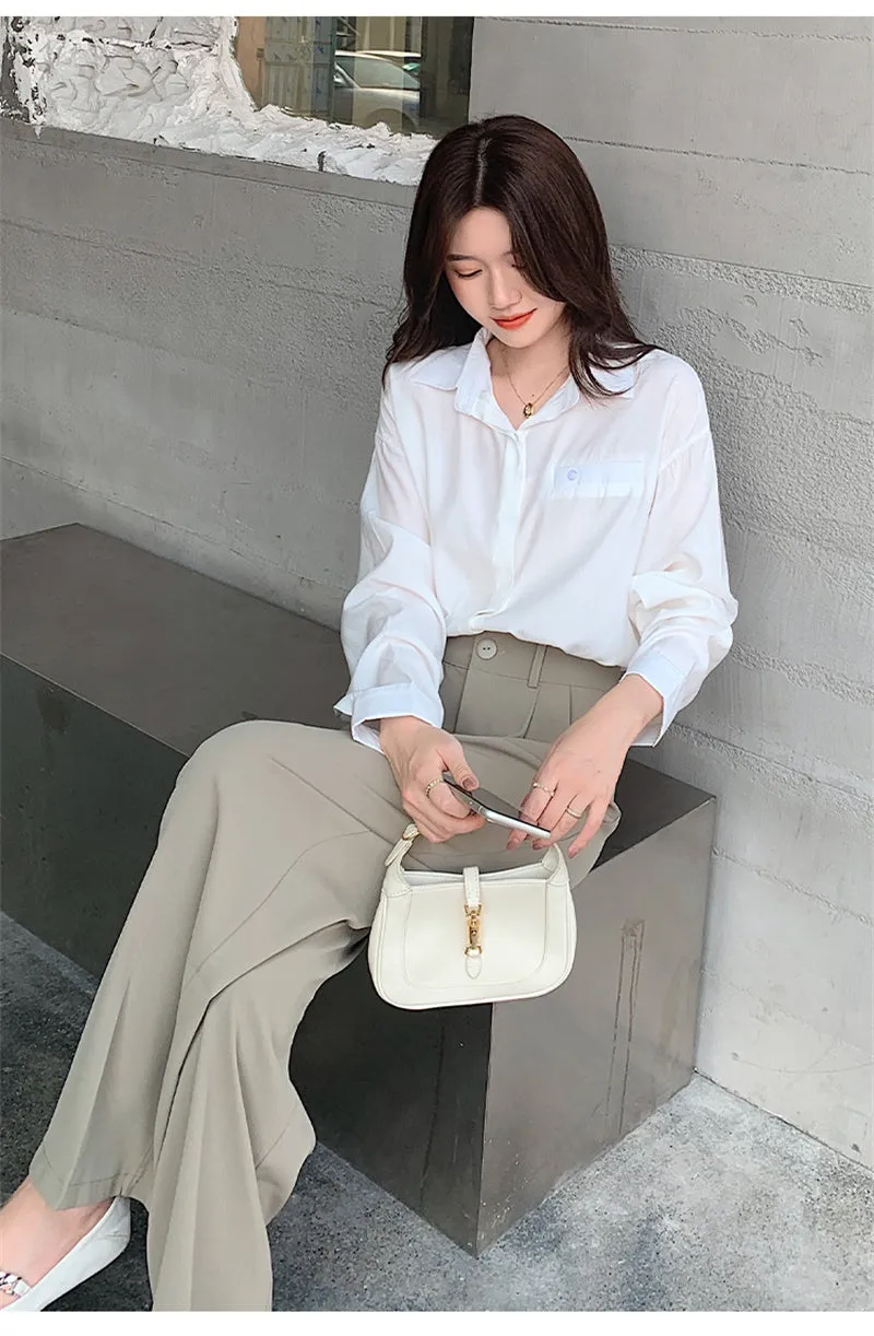 Wjczt Casual Loose High Waist Wide Leg Pants Women Autumn Solid Slim Straight Suit Pant Female Button Floor-Length Trousers