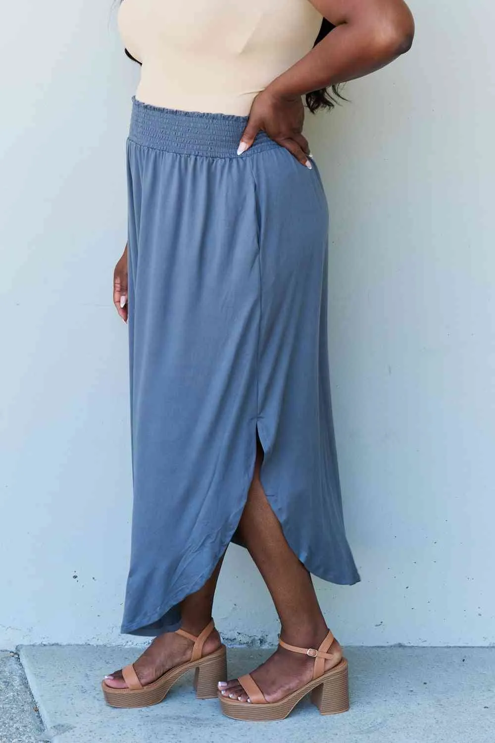 Women's Doublju Comfort Princess Full Size High Waist Scoop Hem Maxi Skirt in Dusty Blue