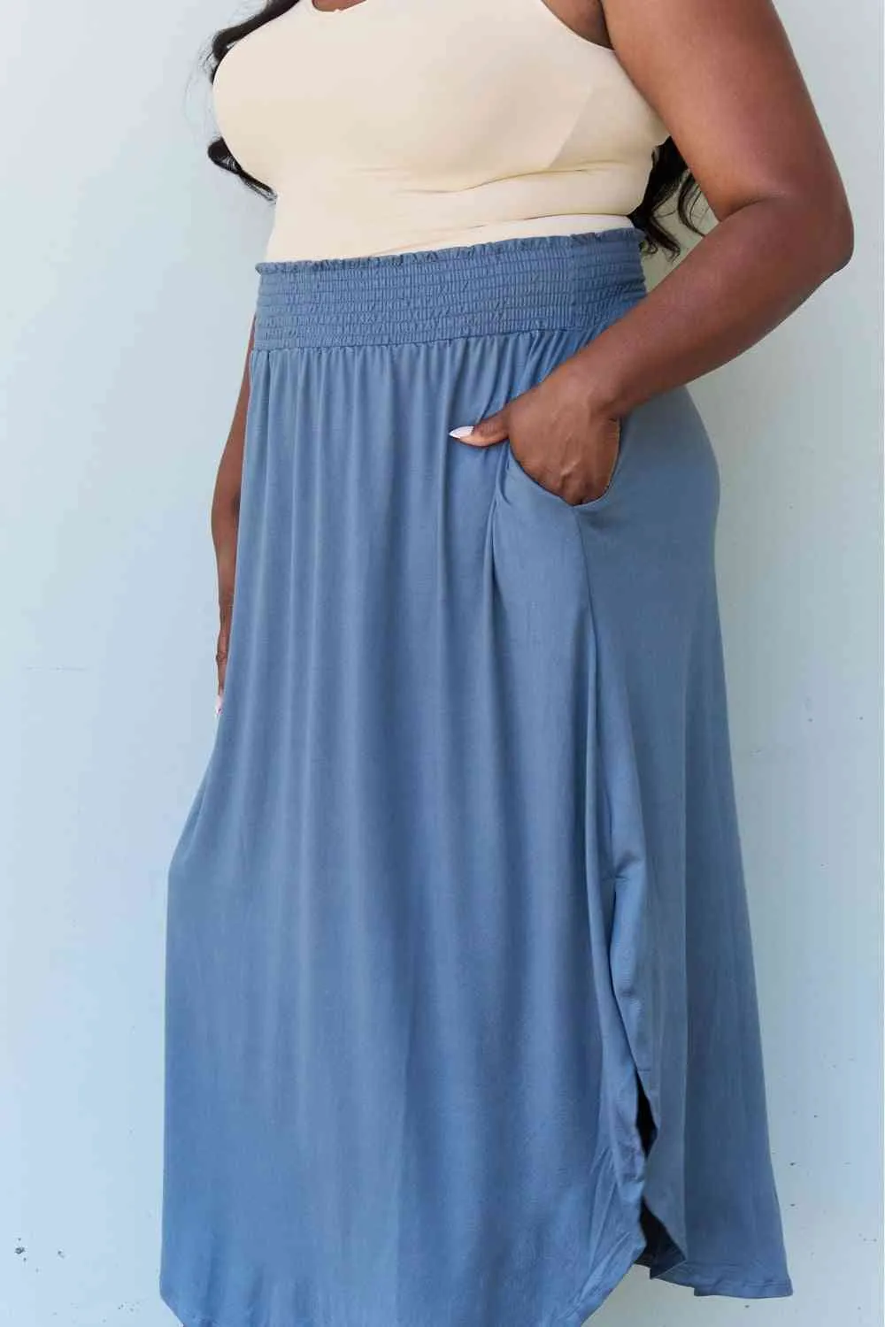 Women's Doublju Comfort Princess Full Size High Waist Scoop Hem Maxi Skirt in Dusty Blue