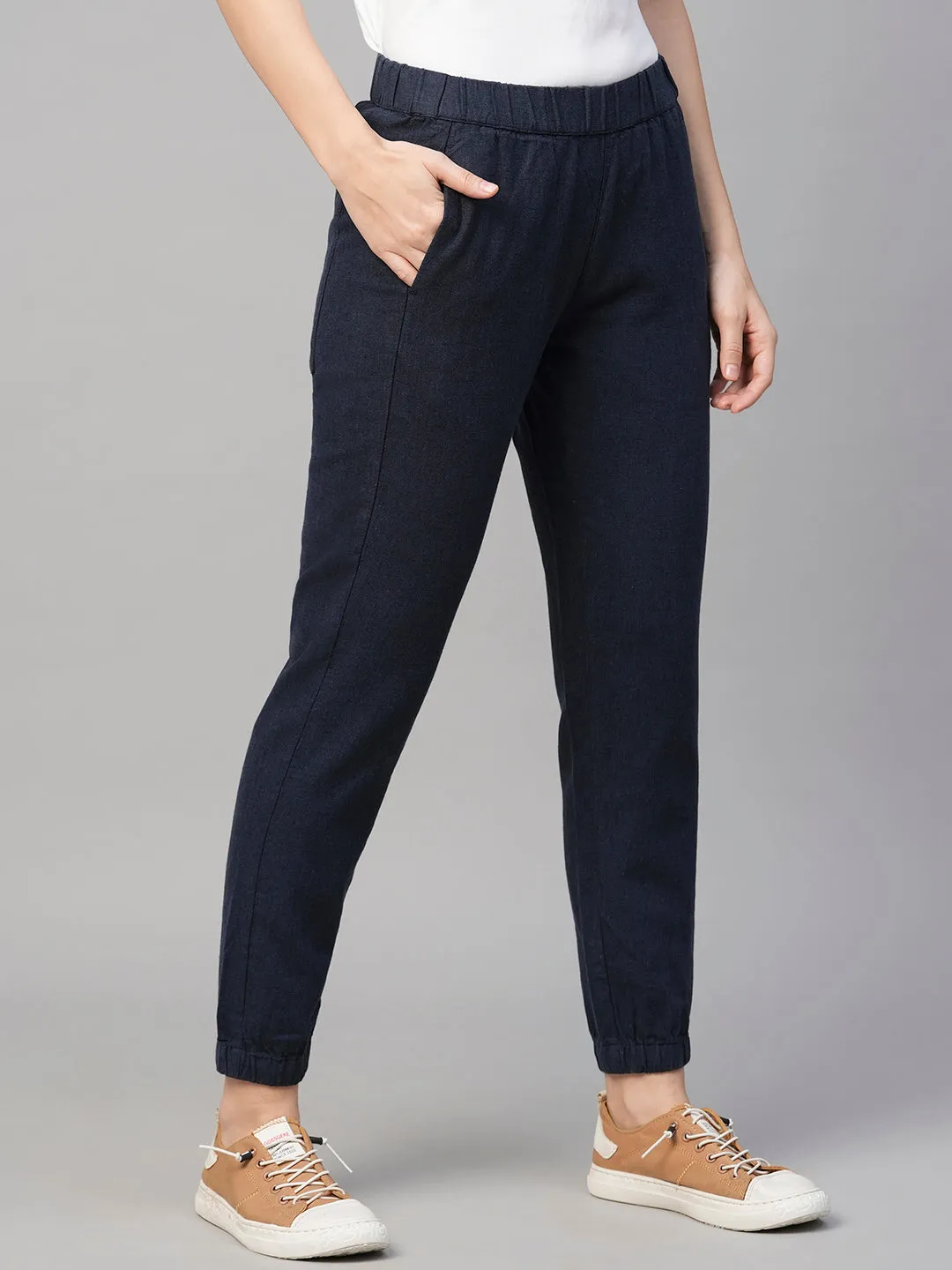 Women's Navy Linen Cotton Jogger Pant