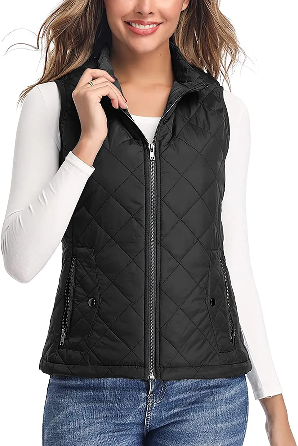 Women's Vest - Stand Collar Lightweight Zip Quilted Vest for Women