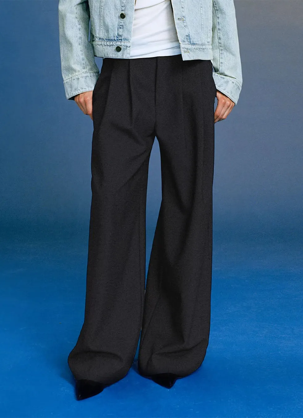 Wool blend double-pleated wide-leg casual pants