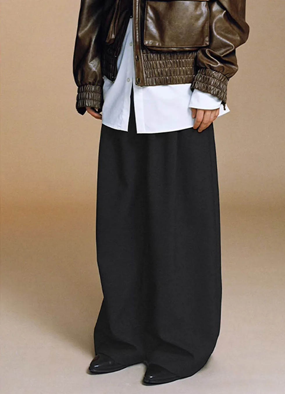 Wool blend double-pleated wide-leg casual pants