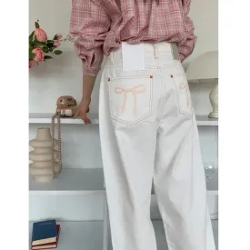 YESMYTOOL  -  2024 New Korean Casual White Jeans Kawaii Pink Bow Embroidery Denim Pants Button Wide Leg Trouser Chic Straight Pant For Women